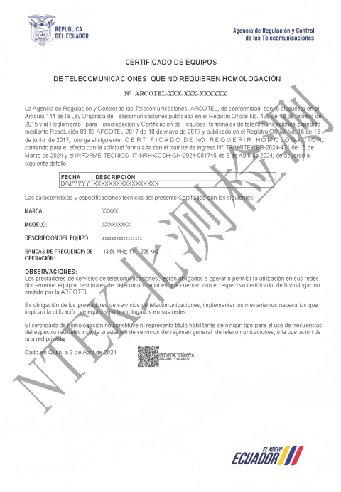 厄瓜多尔ARCOTEL认证证书